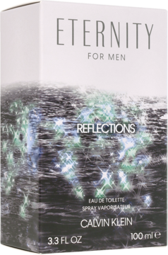 Calvin Klein Eternity Reflections męska woda toaletowa w czarnym pudełku z błyszczącymi refleksami, widok z przodu.