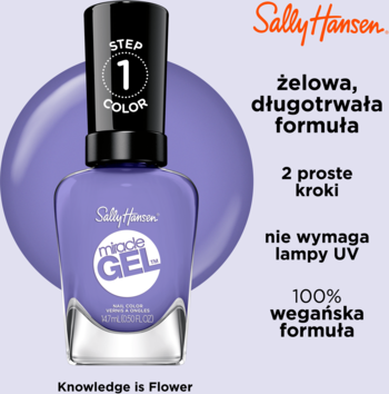Lakier Sally Hansen Miracle Gel Knowledge is Flower, fioletowy, bez lampy UV, trwały, butelka z tłem.