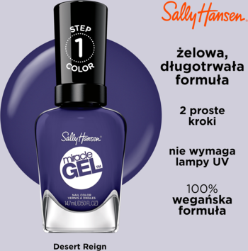 Fioletowy lakier Sally Hansen Miracle Gel Desert Reign, żelowy efekt bez lampy UV, 100% wegański, widok przód.