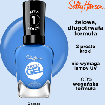 Niebieski lakier Sally Hansen Miracle Gel 642 Oaseas, żelowy efekt bez lampy UV, butelka z przodu.