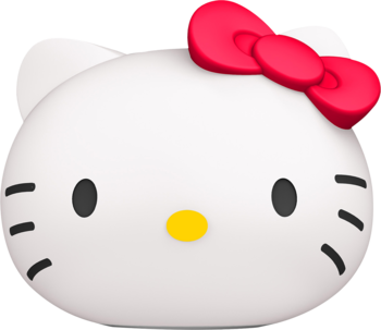 Design szczotki GESKE 4w1: biała, gładka głowa Hello Kitty z czerwoną kokardą i żółtym noskiem, widok 3D.