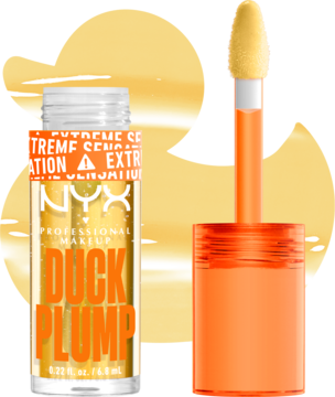 Przezroczysty błyszczyk NYX Duck Plump Clearly Spicy w butelce, obok pomarańczowy aplikator, widok z przodu.