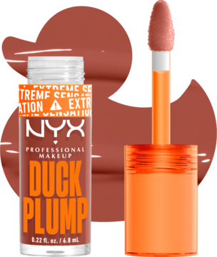 NYX Duck Plump, brązowy błyszczyk powiększający usta. Butelka z pomarańczową nakrętką i otwarty aplikator.