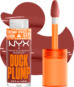 Błyszczyk powiększający NYX Duck Plump w odcieniu Brick of Time, butelka i aplikator z błyszczącą formułą.