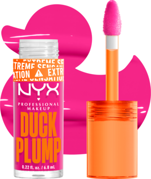 Błyszczyk NYX Duck Plump Bubblegum Bea, intensywnie różowy, otwarta butelka i pomarańczowy aplikator.