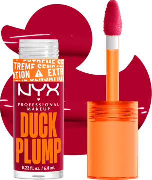 Otwarty czerwony błyszczyk NYX Duck Plump Hall Of Flame z aplikatorem i rozmazaną próbką koloru obok.