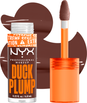Błyszczyk NYX Duck Plump Twice The Spice, otwarta butelka z aplikatorem, ciemny połyskujący brąz.