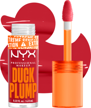 Powiększający błyszczyk NYX Duck Plump Cherry Spice, butelka z aplikatorem i czerwoną smugą.