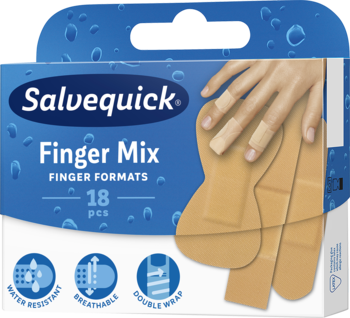 Niebieskie opakowanie plastrów Salvequick Finger Mix, 18 sztuk, widok z przodu. Ilustracja dłoni, wodoodporne, oddychające.