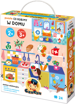 Kolorowe pudełko puzzli Czuczu Co robimy w domu, z ilustracjami kuchni i łazienki. Napisy '2+' i '3+'. Widok z przodu.