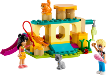 Lego Friends: Przygoda na kocim placu zabaw. Dzieci z kotami na żółto-zielonym placu zabaw z akcesoriami.