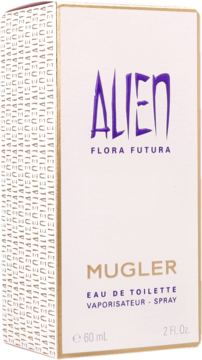 Białe pudełko perfum Mugler Alien Flora Futura EDT 60ml, widok z przodu z fioletowym logo i wzorem Alien.