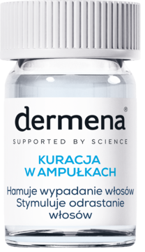 Dermena kuracja w ampułkach, widok z przodu. Przezroczysta fiolka z białą etykietą, napis "Hamuje wypadanie włosów".