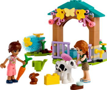 Lego Friends Szopa cielątka Autumn: dwie lalki opiekują się cielakiem i królikiem obok barwnej szopy.