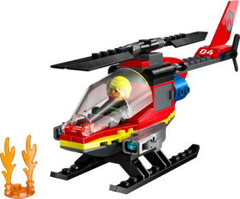 Czerwono-czarny strażacki helikopter ratunkowy Lego z figurką pilota w kokpicie, na tle ognia.