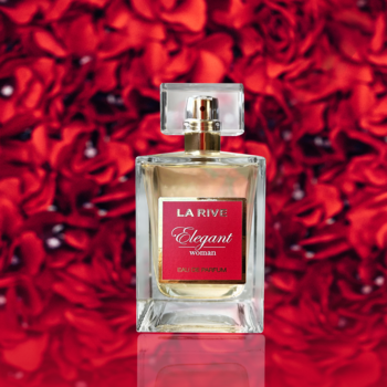 La Rive Elegant Woman woda perfumowana 100ml, flakon z czerwoną etykietą na tle czerwonych róż.