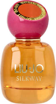 Liu Jo Silkway damska woda toaletowa, pomarańczowa butelka, okrągła różowo-złota nakrętka.