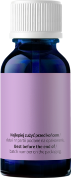 Tył ciemnoniebieskiej butelki serum do paznokci Biotinne Care, fioletowa etykieta z datą i nr partii.
