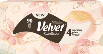 Velvet Excellence, pudełko 4-warstwowych chusteczek, 90 szt., w stonowanej różowo-złotej oprawie kwiatowej.