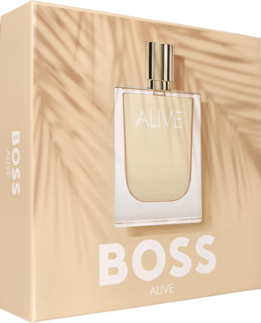 Zestaw HUGO BOSS Alive: perfumy w kwadratowej butelce przed beżowym pudełkiem z cieniem palm i napisem BOSS.