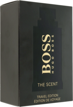 Black Hugo Boss The Scent Travel Edition box with bottle outline, seen at an angle.