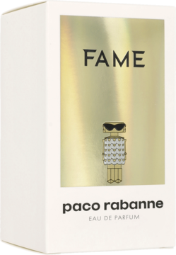 Paco Rabanne Fame Eau de Parfum w białym pudełku, ujęcie z przodu, złoty panel z nazwą FAME i robotem.