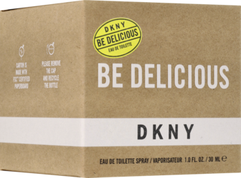 Brązowe, kartonowe pudełko perfum DKNY Be Delicious EDT 30ml, z żółtą etykietą i czarnym napisem, widok z przodu.