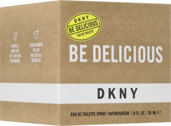 Pudełko DKNY Be Delicious Eau de Toilette 30ml, beżowe z białymi napisami i żółtym logo, widok z góry i boku.