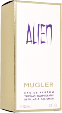 Alien Mugler EDP 60ml, białe pudełko ze złotymi brzegami, widok z przodu. Opakowanie refillable na 60ml.