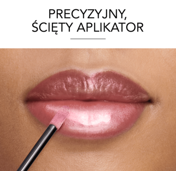 Precyzyjny, ścięty aplikator błyszczyka Bourjois Fabuleux Gloss na różowych, błyszczących ustach.