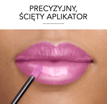 Różowy błyszczyk Bourjois Fabuleux Gloss aplikowany na usta, widoczny precyzyjny, ścięty aplikator.