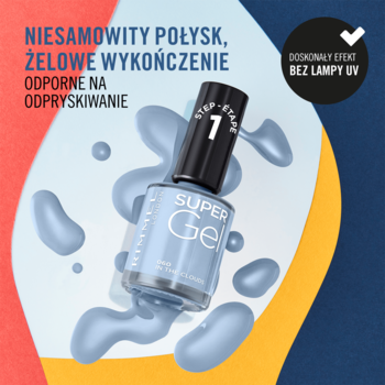 Jasnoniebieski lakier Rimmel Super Gel In The Clouds, żelowy, z wysokim połyskiem, rozlany na tle.