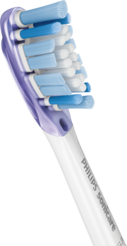 Fioletowo-niebieska główka szczoteczki Philips Sonicare Premium Gum Care, widok z boku, ukazujący elastyczne włosie i logo.