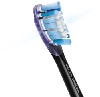 Główka szczoteczki Philips Sonicare Premium Gum Care, czarno-fioletowa, z błękitnymi promieniami wokół włosia.