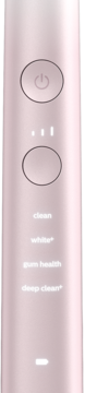 Różowa szczoteczka soniczna Philips DiamondClean 9000: panel sterowania z przyciskami i trybami clean, white+, gum health.