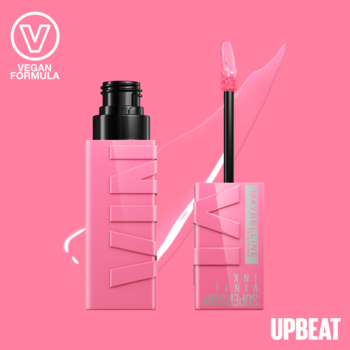 Różowa pomadka winylowa Maybelline Super Stay Vinyl Ink Upbeat i jej aplikator obok na różowym tle.