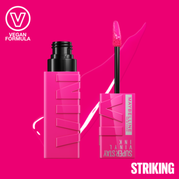 Maybelline Super Stay Vinyl Ink pomadka w odcieniu Striking, hot pink, z długotrwałym efektem winylu. Dwie butelki.