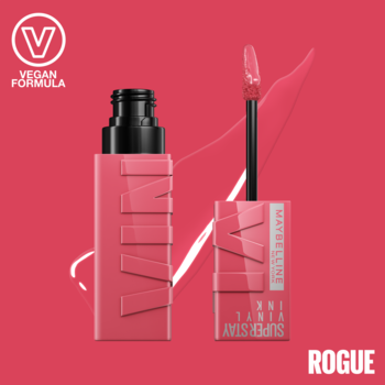 Różowa pomadka Maybelline Super Stay Vinyl Ink Rogue o winylowym wykończeniu, z aplikatorem, wegańska.