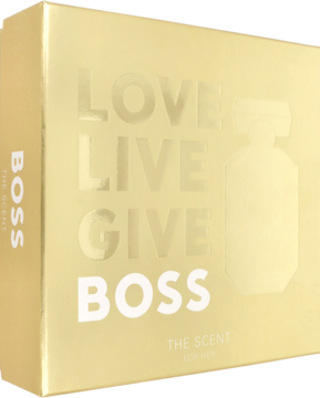 Złoty zestaw prezentowy Hugo Boss The Scent for Her, widok pod kątem, z napisem LOVE LIVE GIVE BOSS i zarysem flakonu.