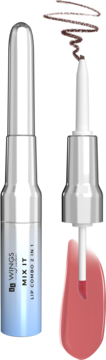 Mix It Lip Combo 2w1: dwustronny kosmetyk z brązową konturówką i różowym błyszczykiem, opakowanie srebrno-niebieskie, widok produktu otwartego.