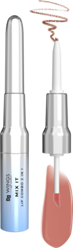 Mix It Lip Combo 2w1 Nude Praline: otwarty błyszczyk Milky Nude z aplikatorem i zamknięta konturówka.
