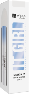 Białe pudełko rozświetlacza AA Wings of Color Design It, z boku widoczny srebrny sztyft. Biało-niebieskie detale.