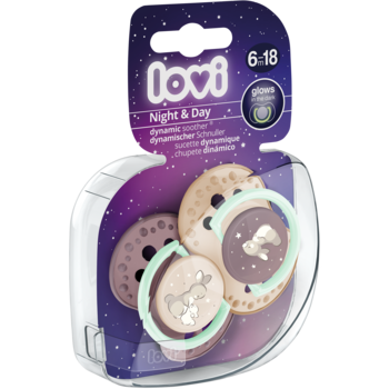 LOVI Smoczek dynamiczny 6-18 m, 2 szt. w opakowaniu Night & Day. Beżowe smoczki z kosmicznym wzorem, widok z przodu.
