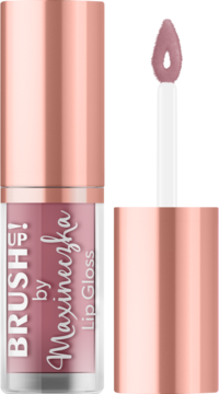 Różowy błyszczyk Brush UP! by Maxineczka nr 01 Pink Nude, otwarty, z aplikatorem nad opakowaniem.