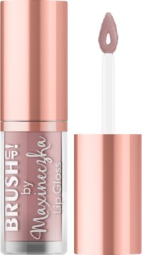 Różowy błyszczyk Brush UP! by Maxineczka nr 02 Beige Nude z otwartą tubką i aplikatorem obok.