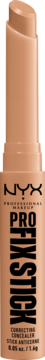Beżowy korektor w sztyfcie NYX Pro Fix 09 Neutral Tan. Widok z przodu, z wysuniętą, ściętą końcówką produktu.