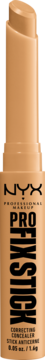 NYX Pro Fix Stick beżowy korektor w sztyfcie, z wysuniętą końcówką. Widoczne logo i tekst na opakowaniu.
