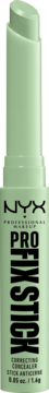 Zielony korektor NYX Pro Fix Stick, kremowy sztyft z wysuniętą końcówką, widok z przodu.