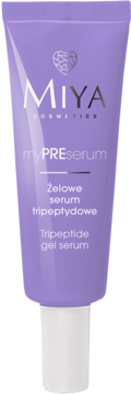 Fioletowa tubka Miya Cosmetics myPREserum, wygładzające tripeptydowe serum żelowe, widok z przodu.