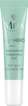 Miya Cosmetics nightHERO 2in1 koncentrat miejscowy w miętowej tubce z białą zakrętką, widok z przodu.